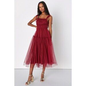 Lulus Graceful Charisma Burgundy Tulle Tiered Tie-strap Midi Dress - Size L
